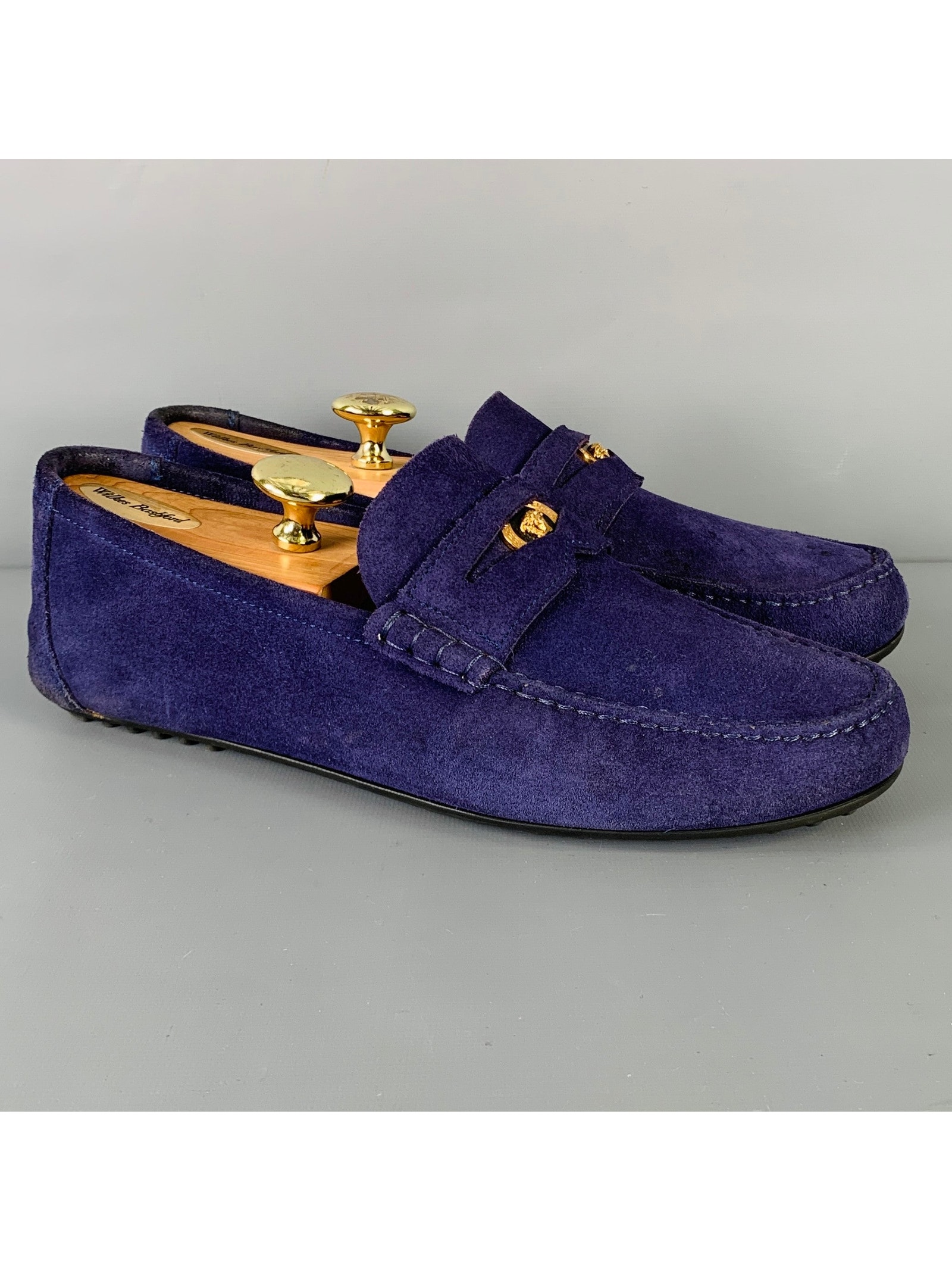 Versace Size 8 -Bluette Oro- Purple Textured Suede Drivers Loafers